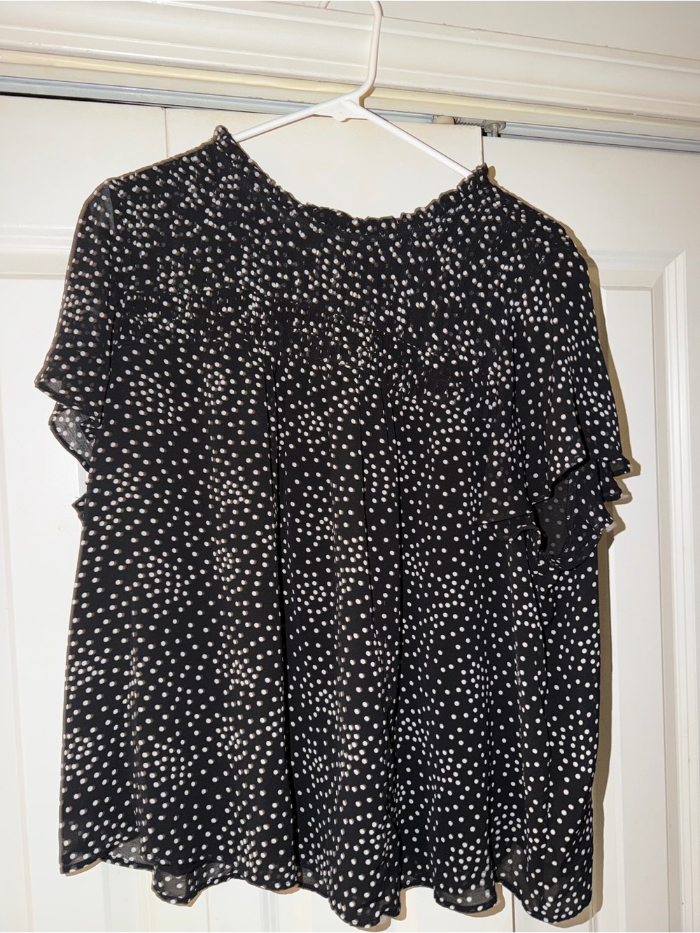 Torrid Black White Polka Dot Smocked Neck Flutter Sleeve Top